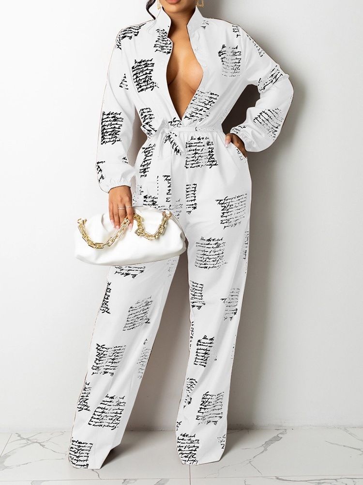 Letter Sweet Lace-Up Lös Rak Jumpsuit