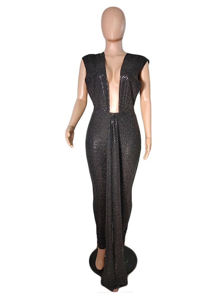 Lurex Vanlig Full Längd Slim Pencil Byxor Jumpsuit