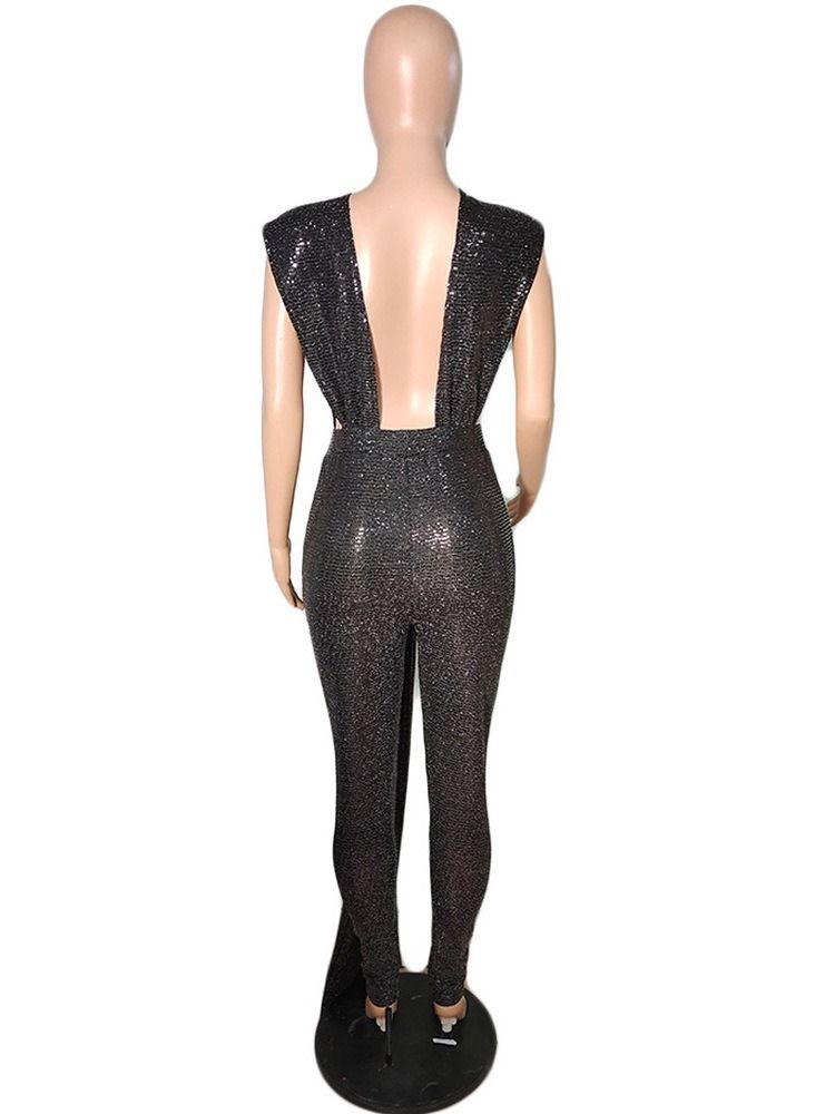 Lurex Vanlig Full Längd Slim Pencil Byxor Jumpsuit