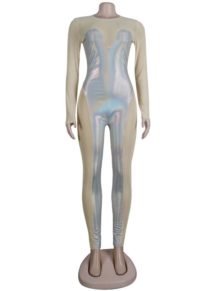Mesh Color Block Full Längd Slim Pencil Byxor Jumpsuit
