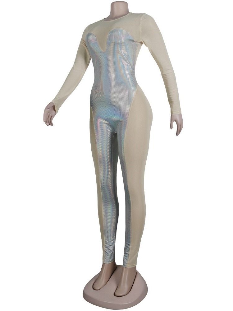 Mesh Color Block Full Längd Slim Pencil Byxor Jumpsuit