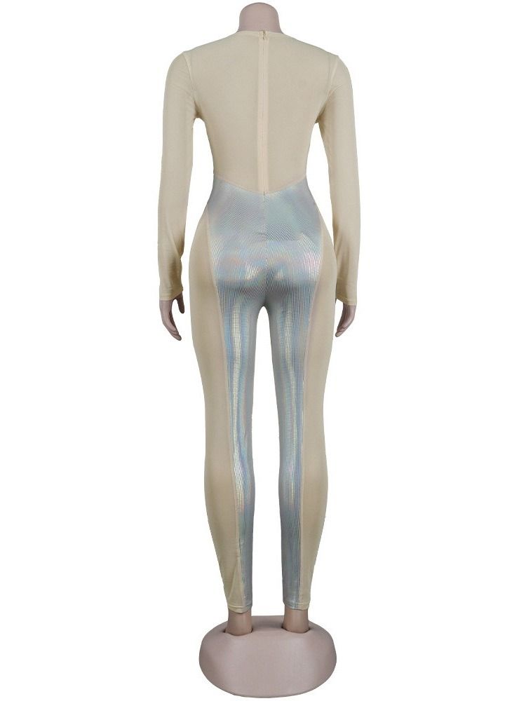Mesh Color Block Full Längd Slim Pencil Byxor Jumpsuit