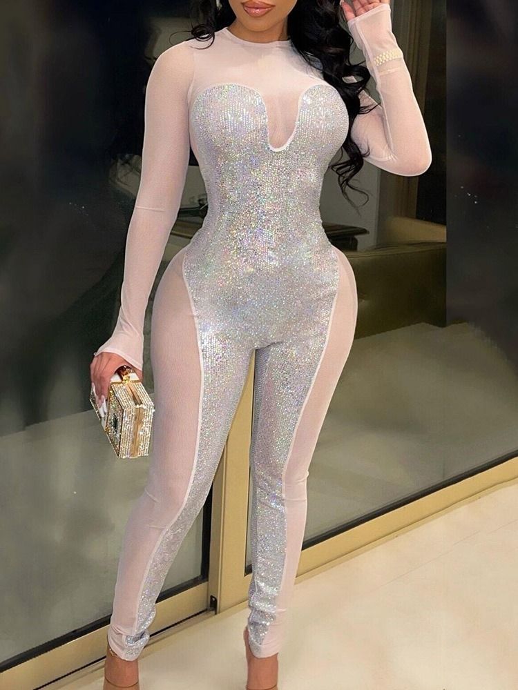 Mesh Color Block Full Längd Slim Pencil Byxor Jumpsuit