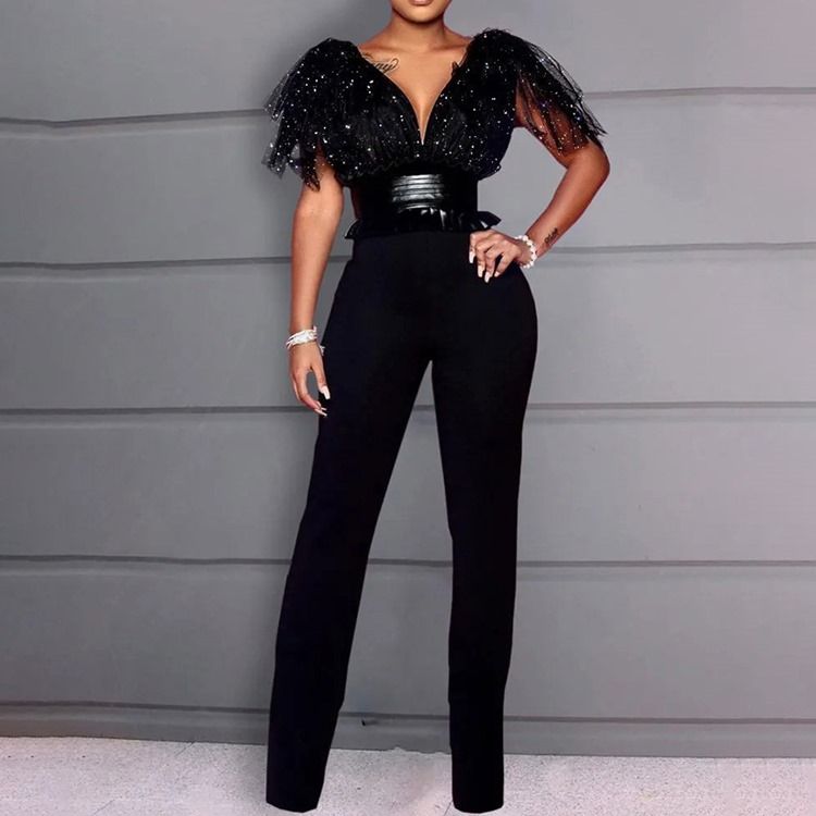Mesh Vanligt Full Längd Hög Midja Rak Jumpsuit