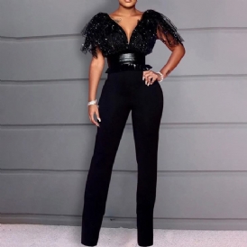 Mesh Vanligt Full Längd Hög Midja Rak Jumpsuit