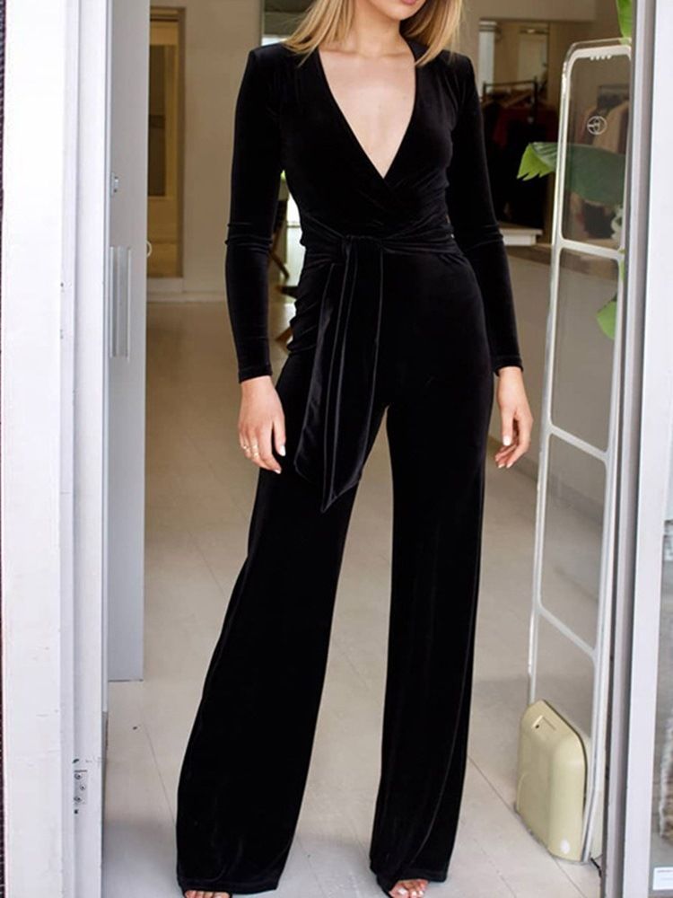 Mode Med Snörning Enkel Slim Rak Jumpsuit