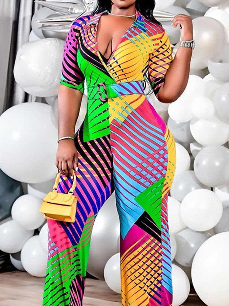 Mode Patchwork Full Längd Rak Slim Jumpsuit