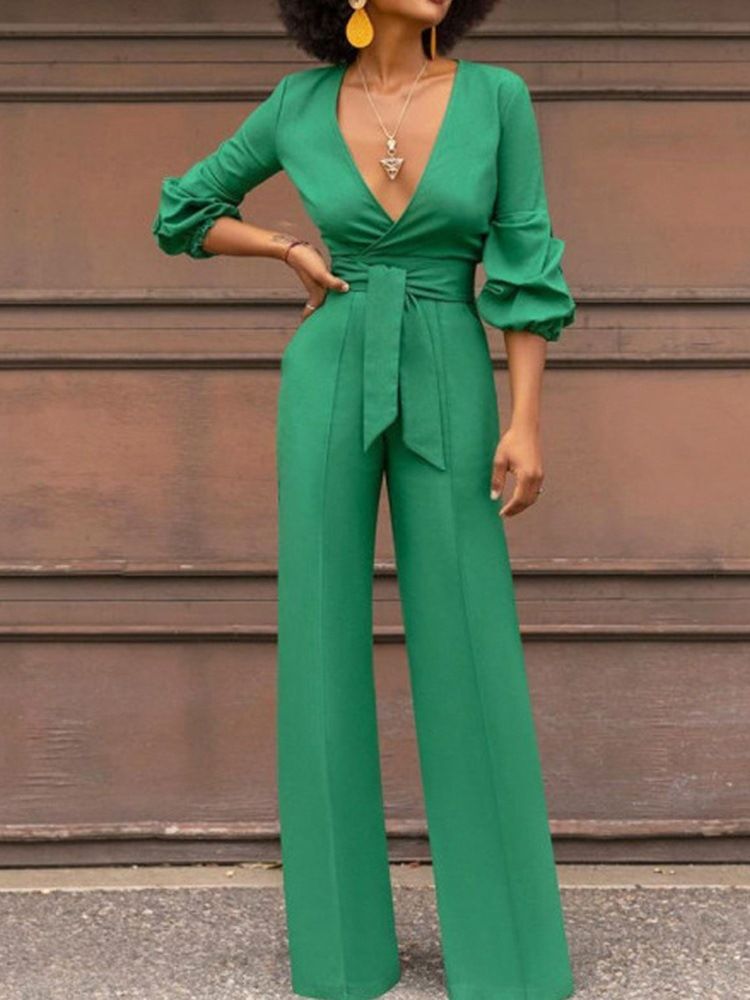 Mode Snörning Full Längd Rak Slim Jumpsuit