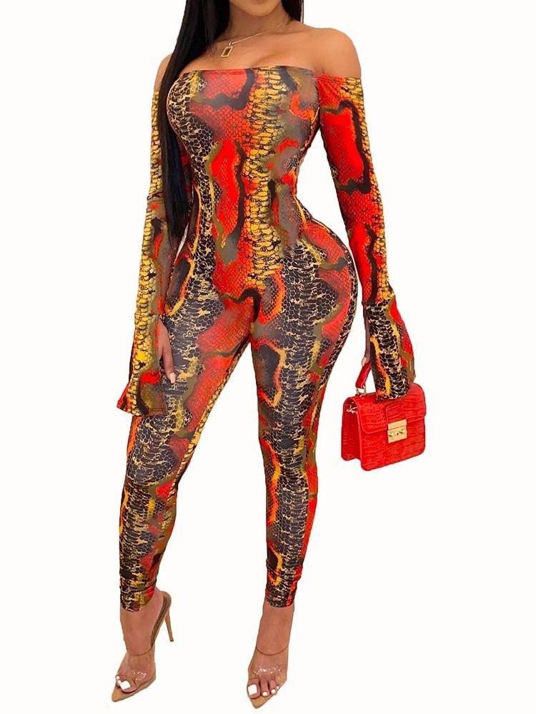 Off Shoulder Casual Hellängd Color Block Skinny Jumpsuit