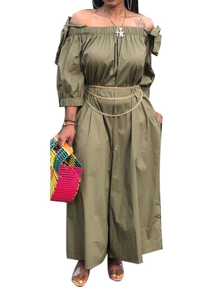 Off Shoulder Full Längd Vanlig Snörning Breda Ben Lös Jumpsuit