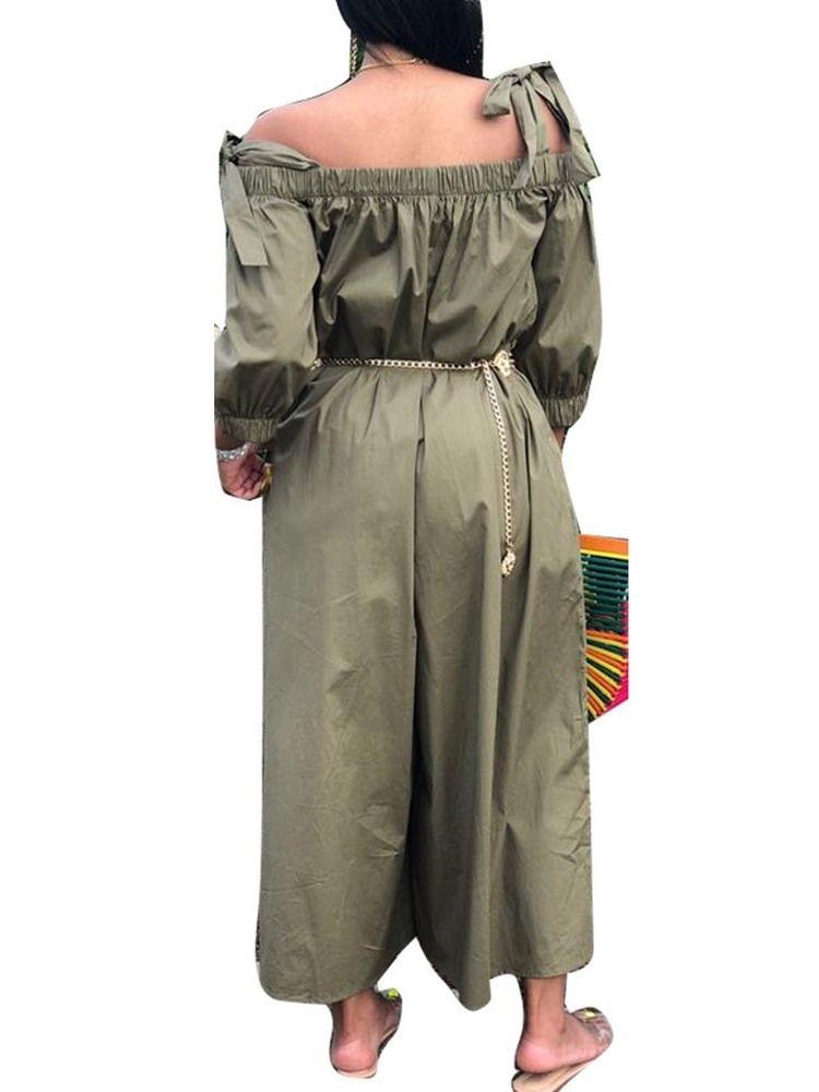 Off Shoulder Full Längd Vanlig Snörning Breda Ben Lös Jumpsuit