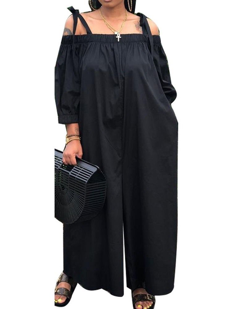 Off Shoulder Full Längd Vanlig Snörning Breda Ben Lös Jumpsuit