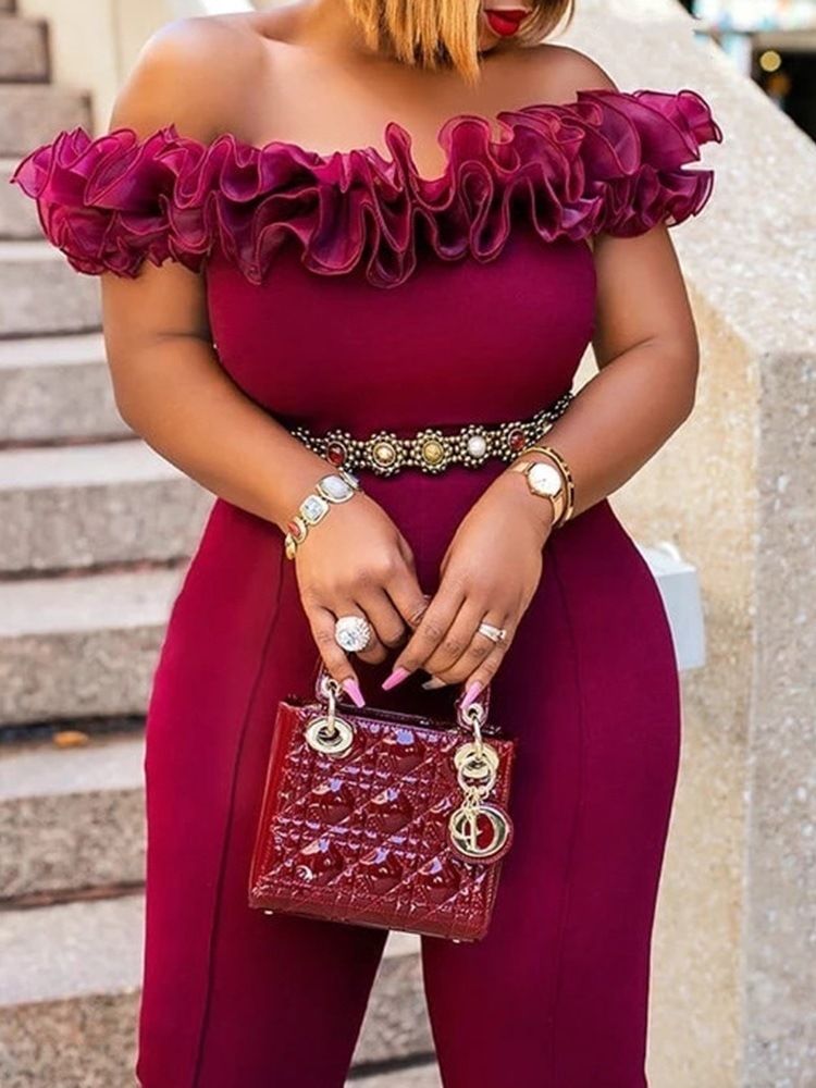 Off Shoulder Vanlig Falbala Full Längd Hög Midja Slim Jumpsuit