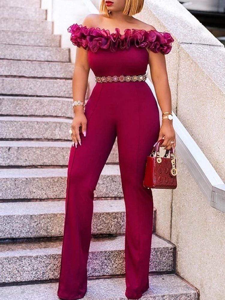 Off Shoulder Vanlig Falbala Full Längd Hög Midja Slim Jumpsuit