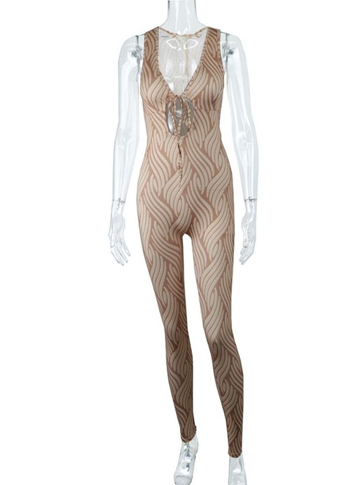 Office Lady Print Hellängd Skinny Jumpsuit Med Hög Midja