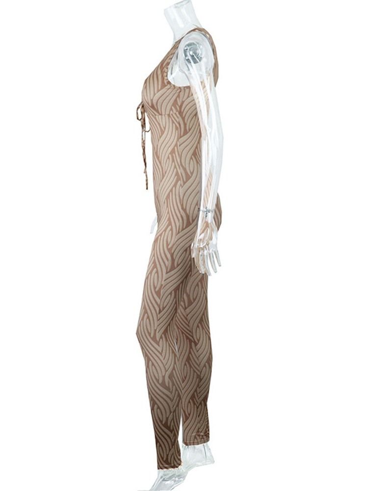 Office Lady Print Hellängd Skinny Jumpsuit Med Hög Midja