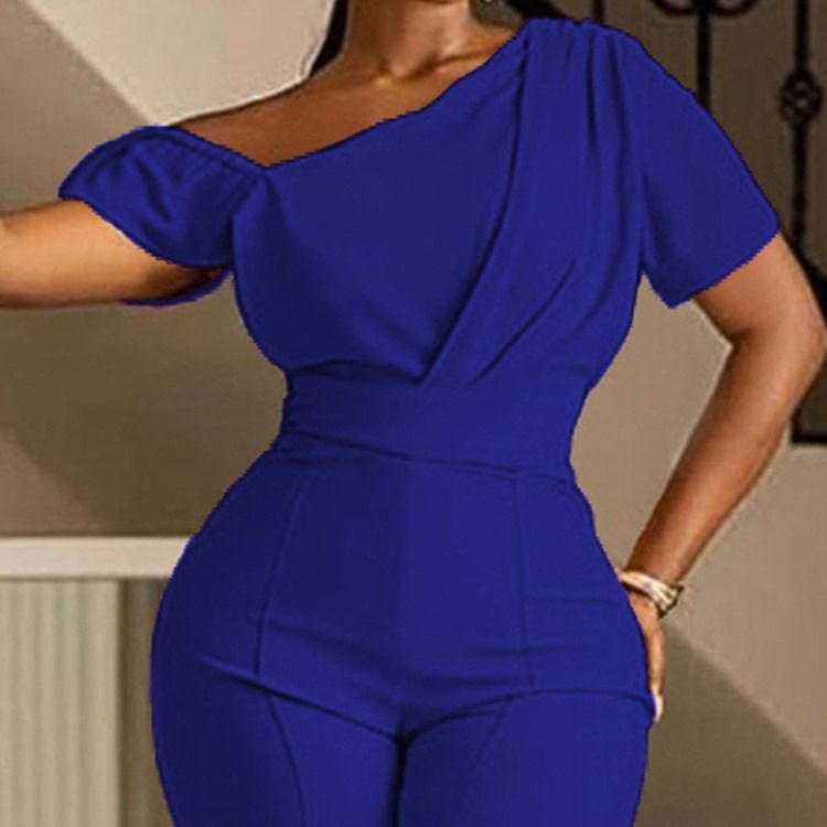 Office Lady Vanlig Asymmetrisk Bellbottoms Jumpsuit Med Hög Midja