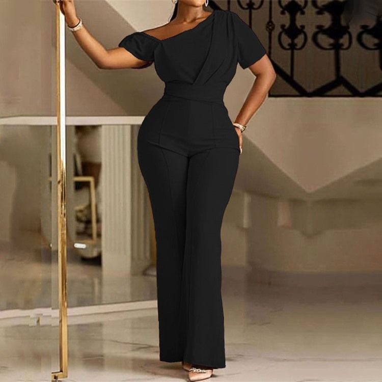 Office Lady Vanlig Asymmetrisk Bellbottoms Jumpsuit Med Hög Midja