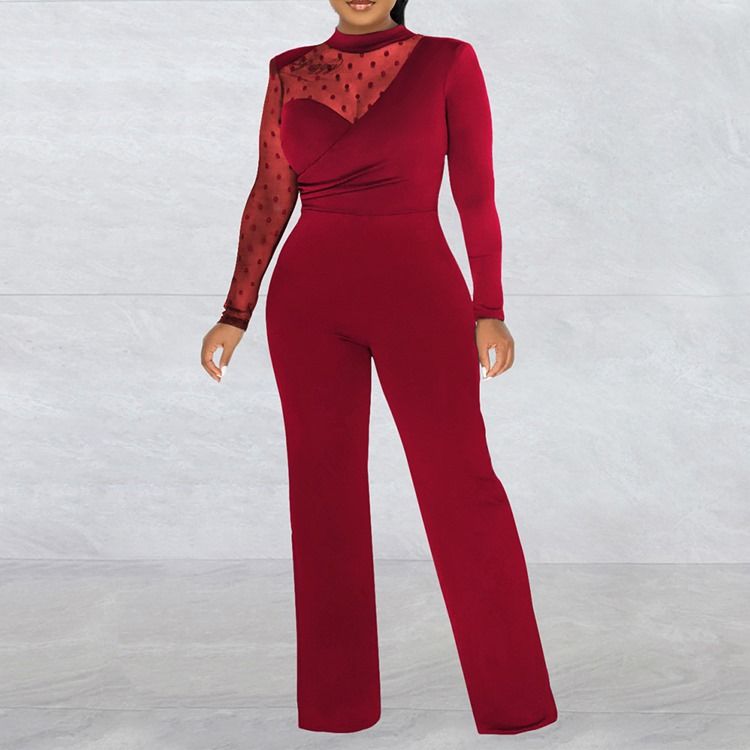 Office Lady Vanlig Genomskinlig Midja Slimmad Jumpsuit