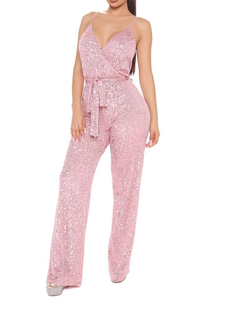 Paljetter Full Längd Vanlig Snörning Rak Slim Jumpsuit