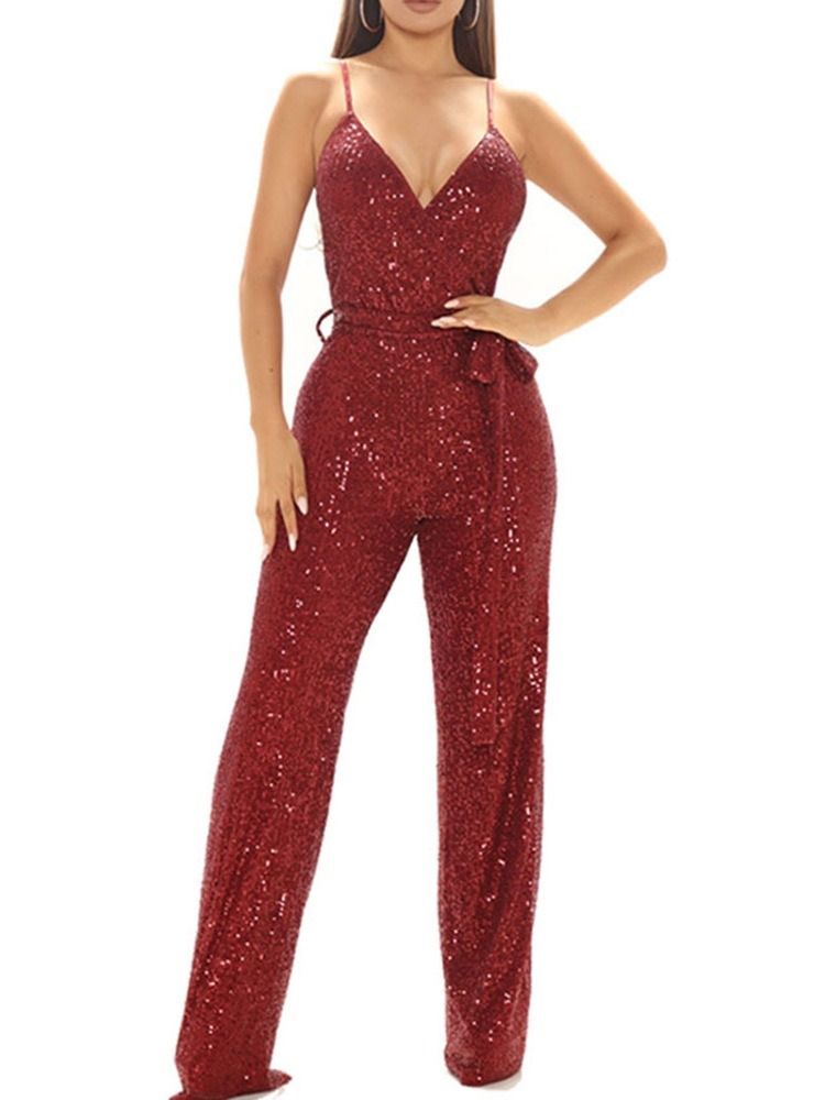 Paljetter Full Längd Vanlig Snörning Rak Slim Jumpsuit