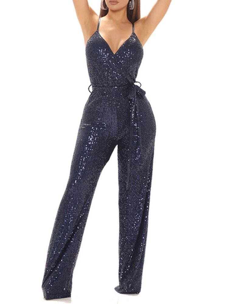 Paljetter Full Längd Vanlig Snörning Rak Slim Jumpsuit