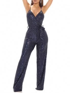 Paljetter Full Längd Vanlig Snörning Rak Slim Jumpsuit