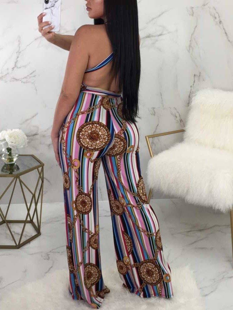 Party Cocktail Backless Stripe Breda Ben Lösa Jumpsuit För Kvinnor