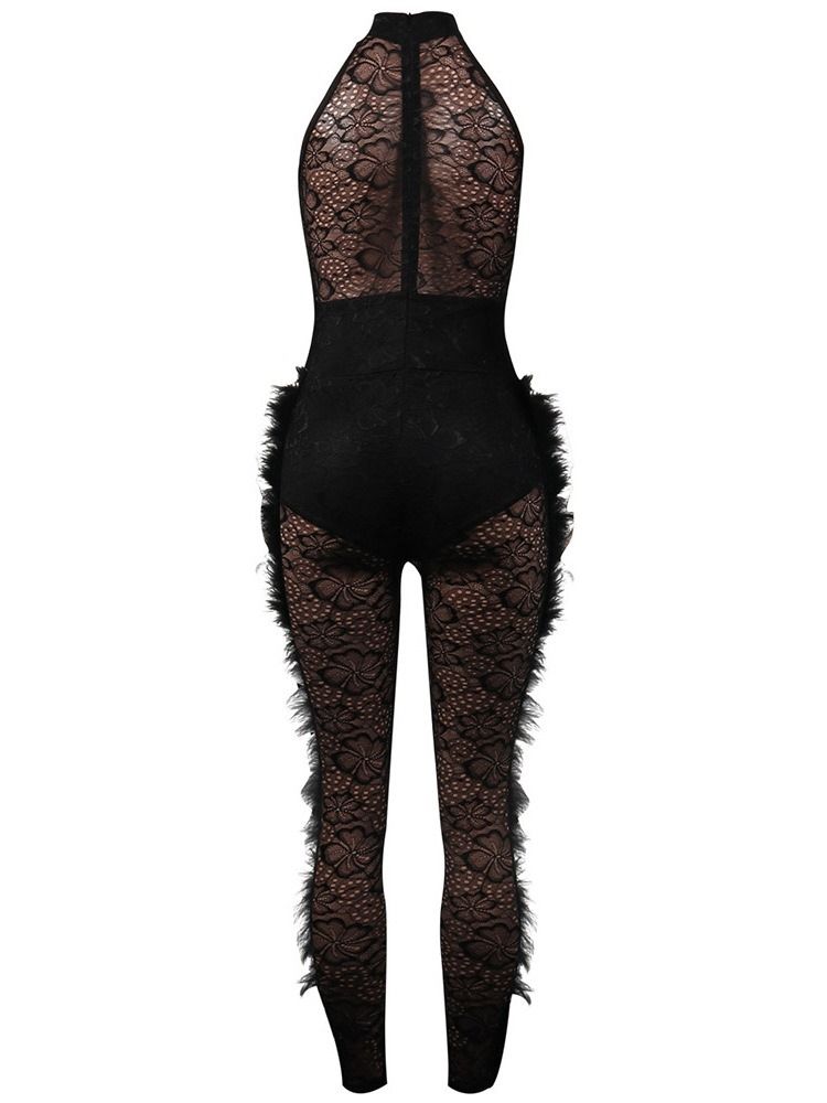 Party Cocktail Full Längd Fjäder Sexig Jumpsuit Med Hög Midja