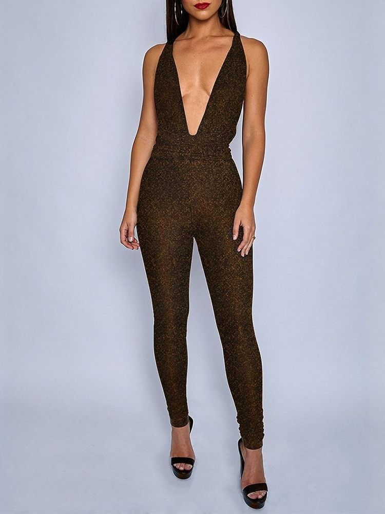 Patchwork Full Längd Vanlig Skinny High Waist Jumpsuit För Kvinnor