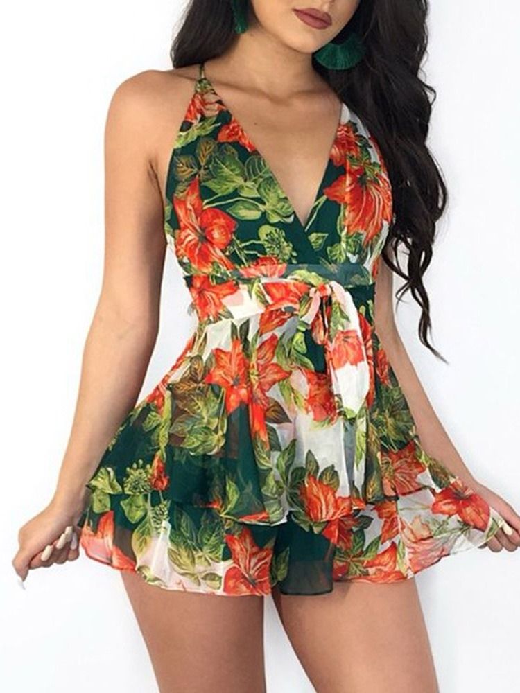 Patchwork Western Floral Slim Mid Waist Jumpsuit För Kvinnor