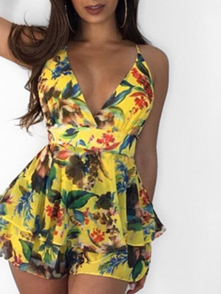 Patchwork Western Floral Slim Mid Waist Jumpsuit För Kvinnor