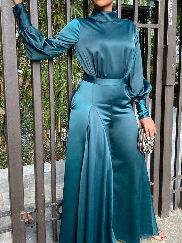 Plisserad Full Längd Vanlig Breda Ben Jumpsuit Med Hög Midja