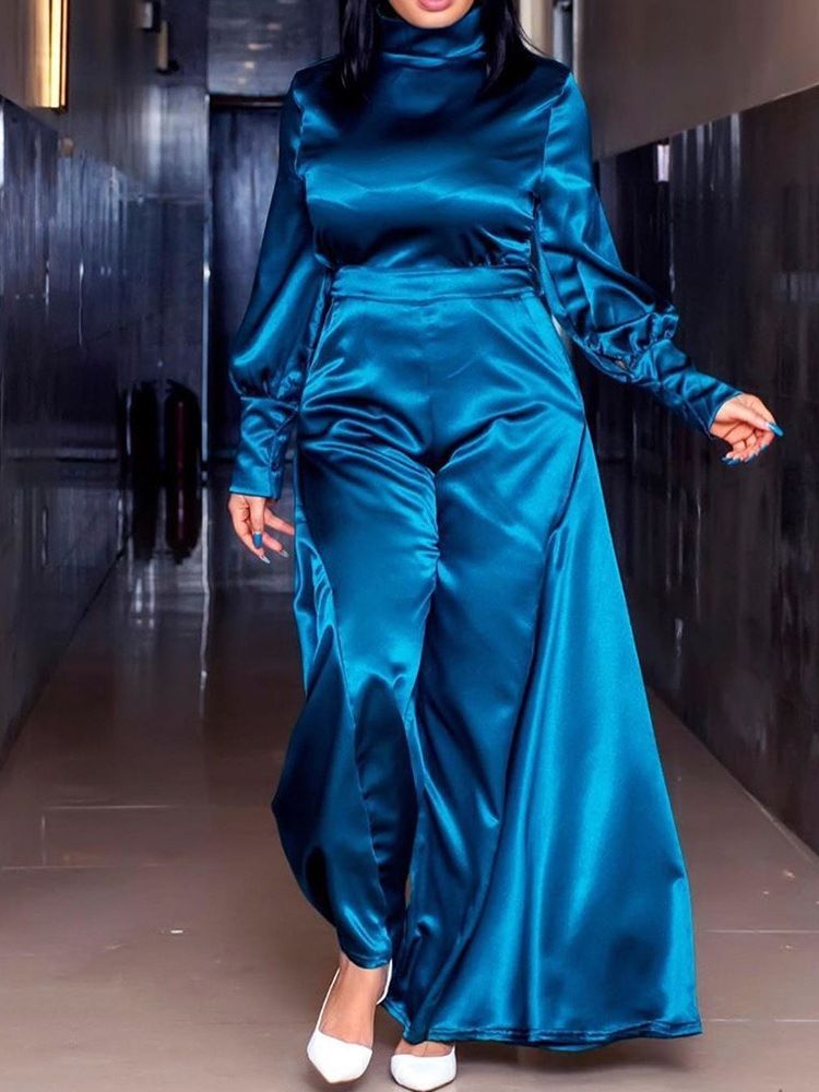 Plisserad Full Längd Vanlig Breda Ben Jumpsuit Med Hög Midja