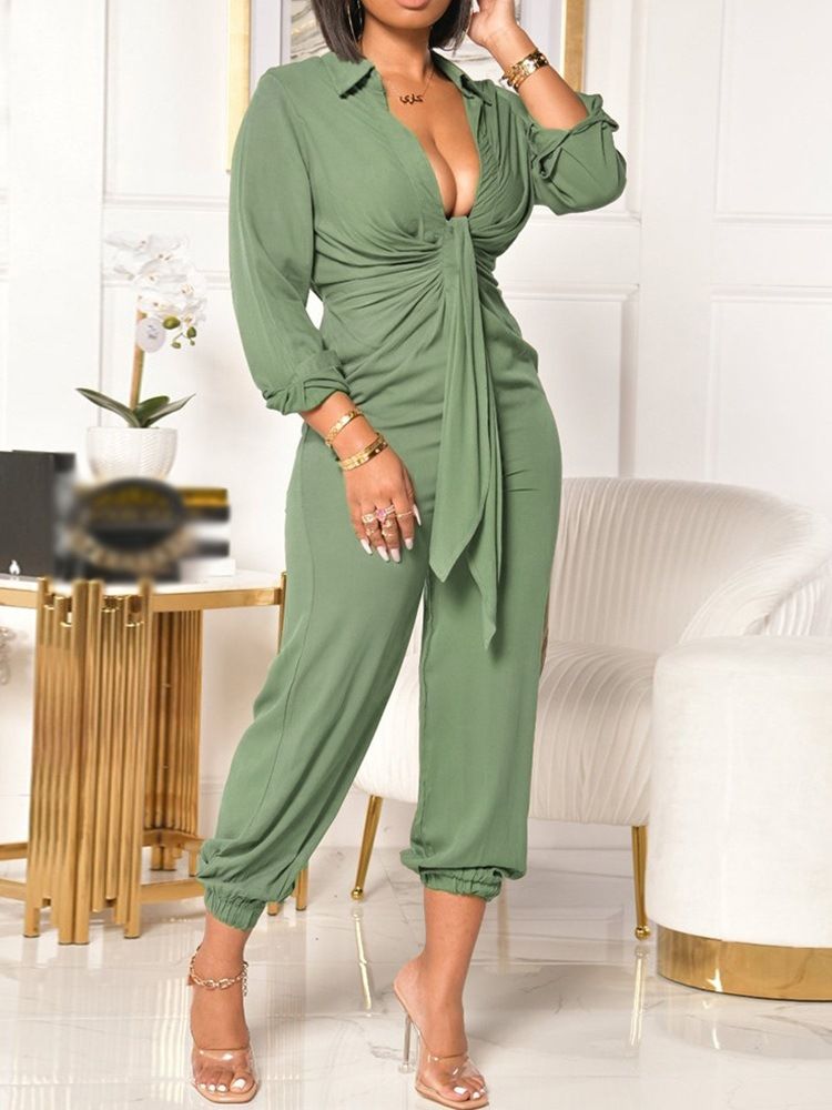 Plisserad Vanlig Ankellängd Pencil Byxor Hög Midja Jumpsuit