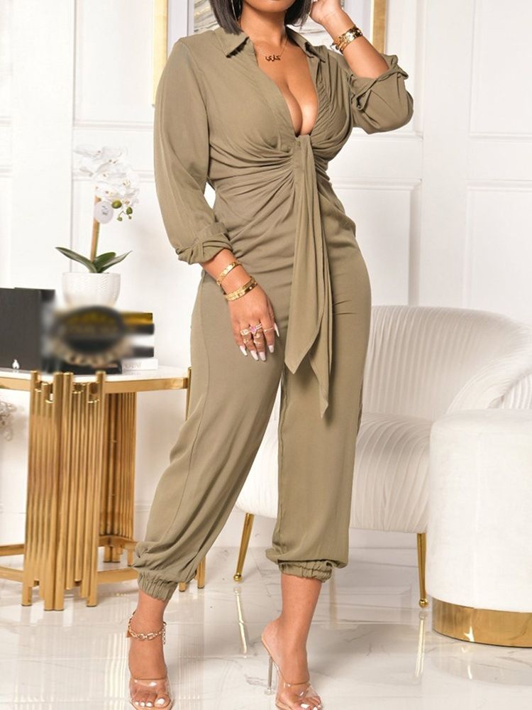 Plisserad Vanlig Ankellängd Pencil Byxor Hög Midja Jumpsuit