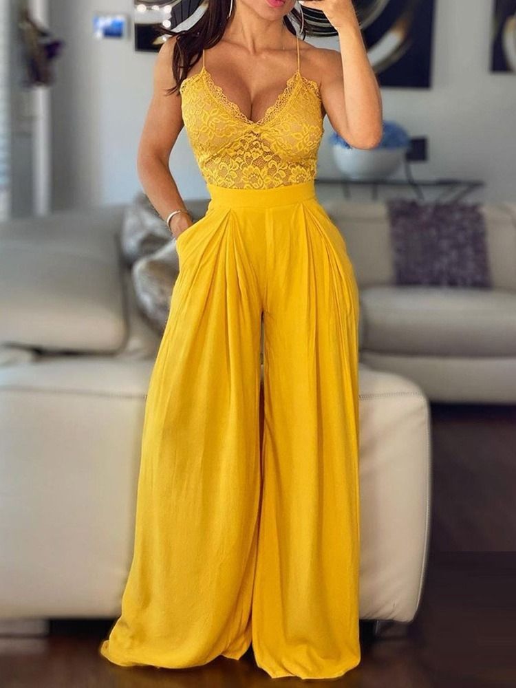 Plisserad Vanlig Sexig Lös Jumpsuit Med Hög Midja