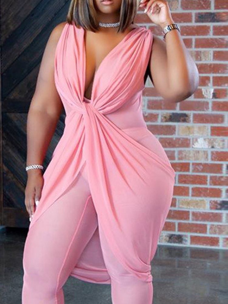 Plisserad Vanlig Sexig Skinny Mid Waist Jumpsuit