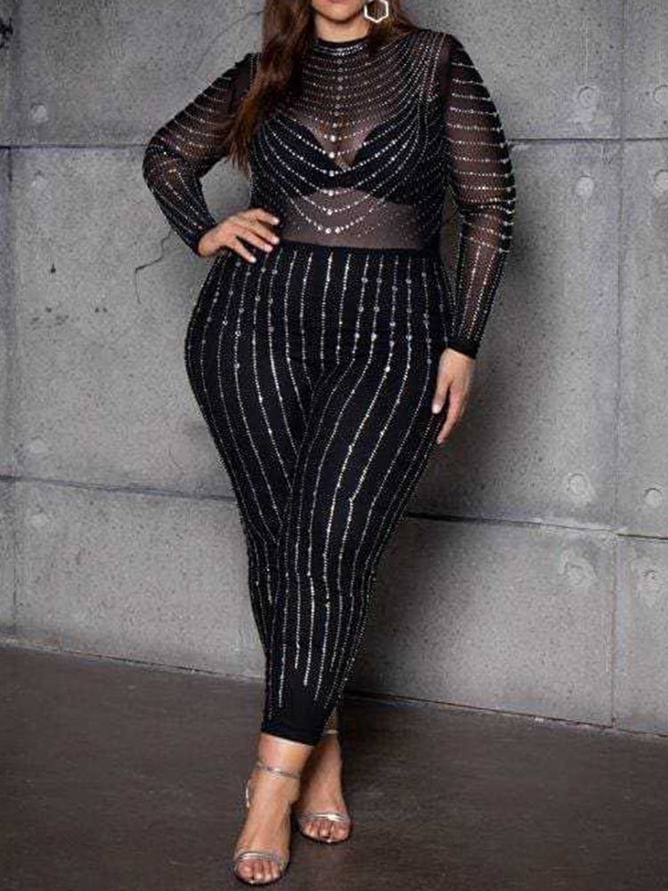 Plus Size Genomskinlig Vanligt Mode Skinny Pencil Byxor Jumpsuit