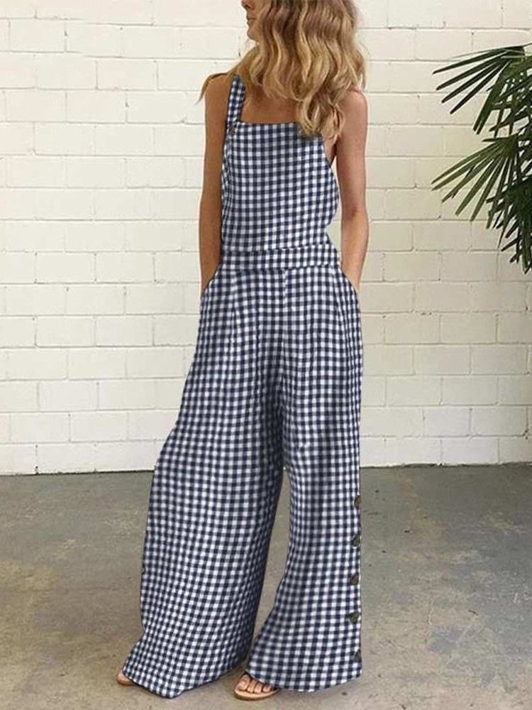Pocket Rutig Damer Casual Slim Jumpsuit