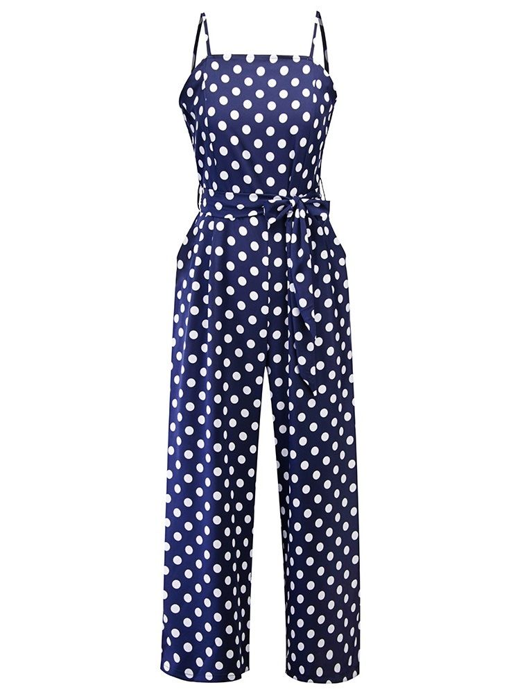 Polka Dots Bältesrem Slim Jumpsuit Med Breda Ben