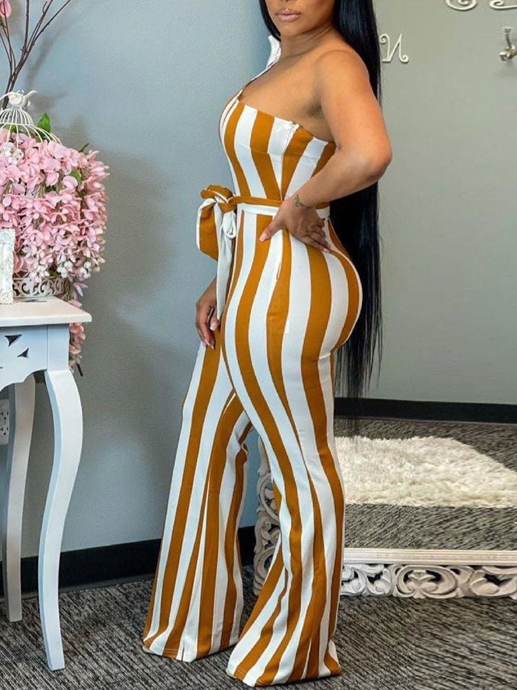 Randig Hellängdstryck Slim Jumpsuit För Kvinnor