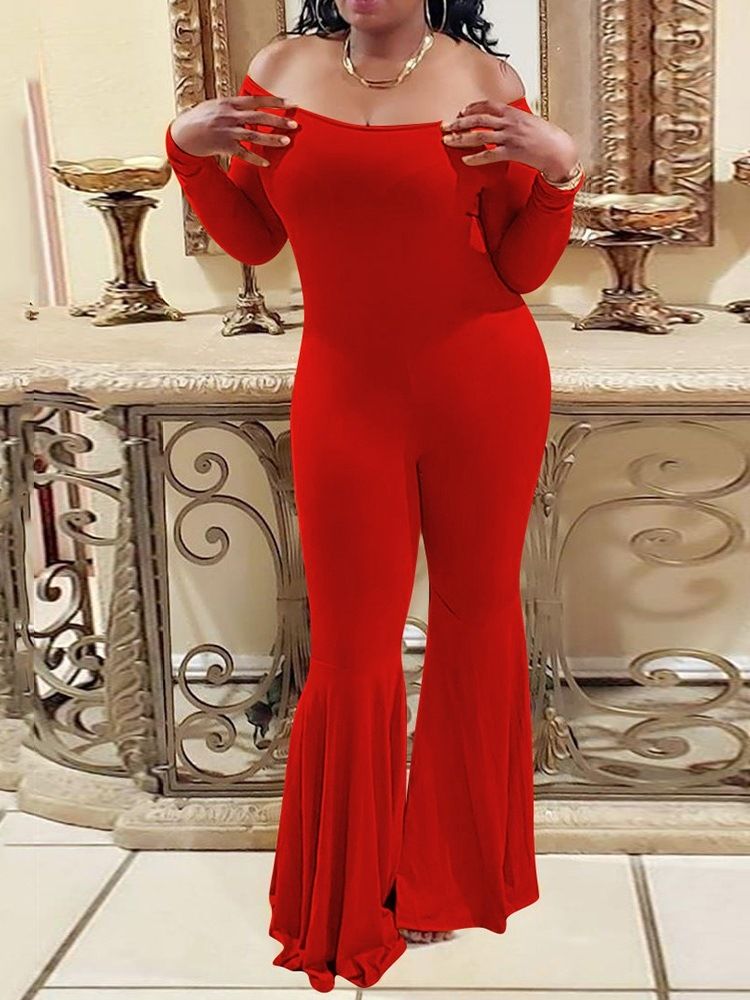 Rund Hals Mode Full Längd Vanlig Bellbottoms Slim Jumpsuit
