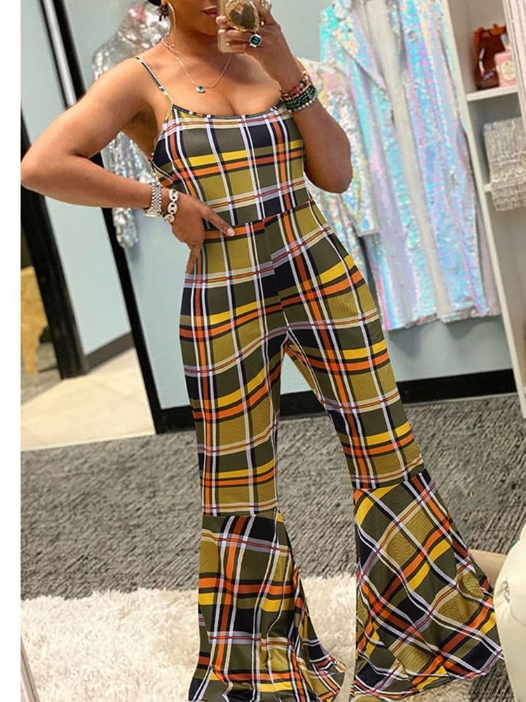 Rutig Mode Patchwork Bellbottoms Slim Jumpsuit För Kvinnor