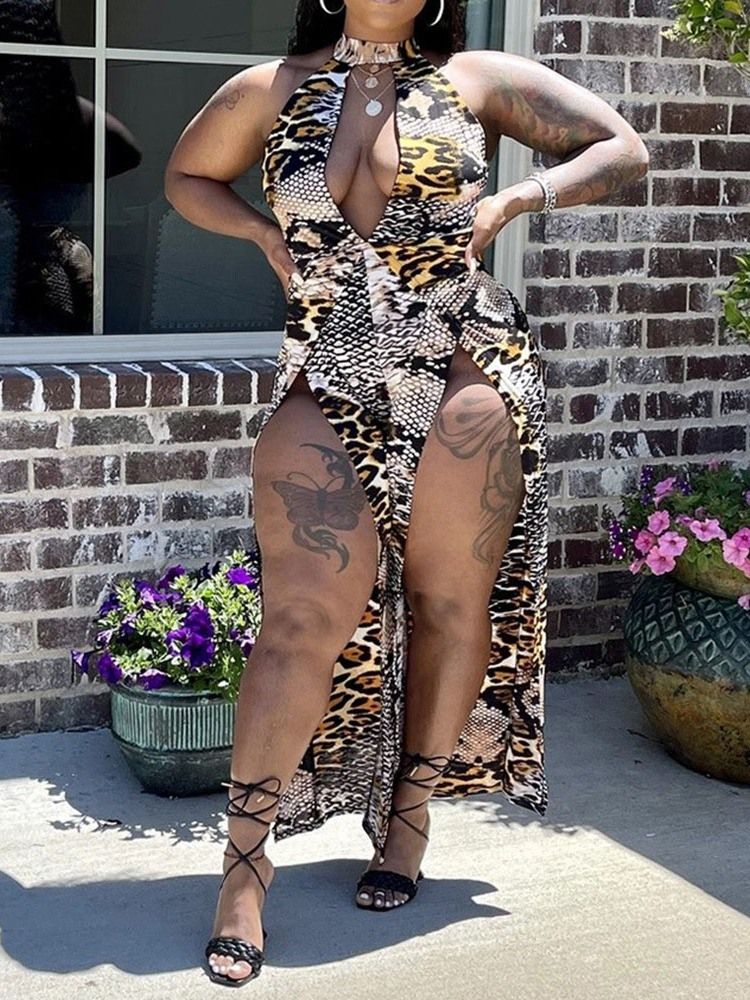 Sexig Slim Jumpsuit För Kvinnor Med Leopardtryck