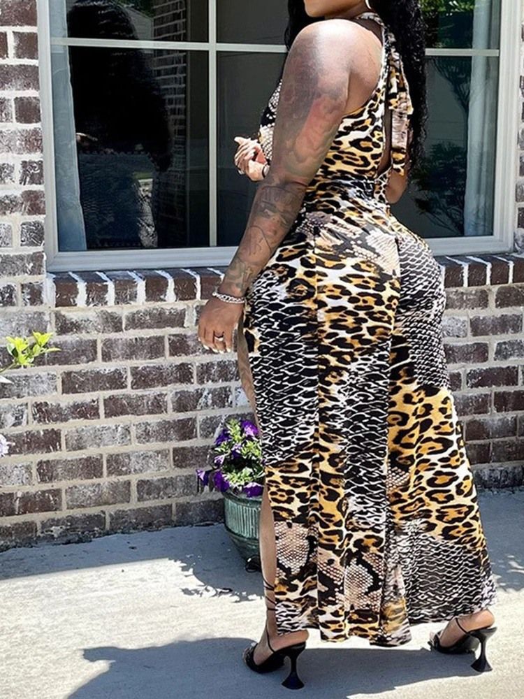 Sexig Slim Jumpsuit För Kvinnor Med Leopardtryck