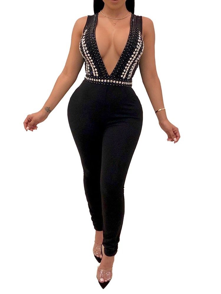 Sexig Vanlig Rygglös Diamond Slim Jumpsuit