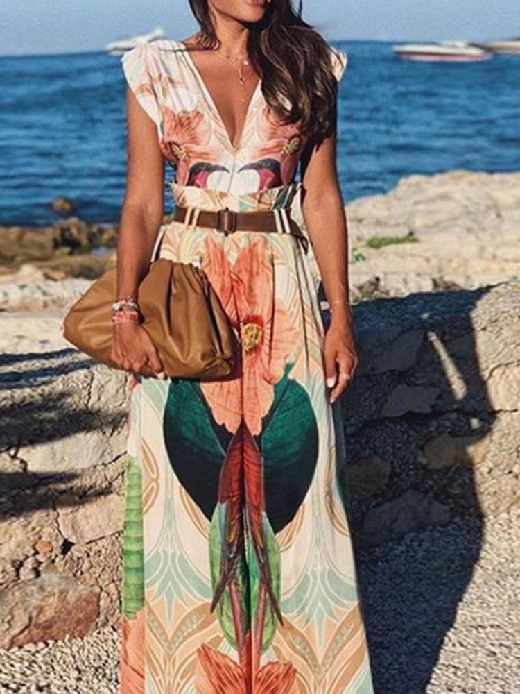 Skriv Ut Hellängd Färgblock Lösa Breda Ben Jumpsuit