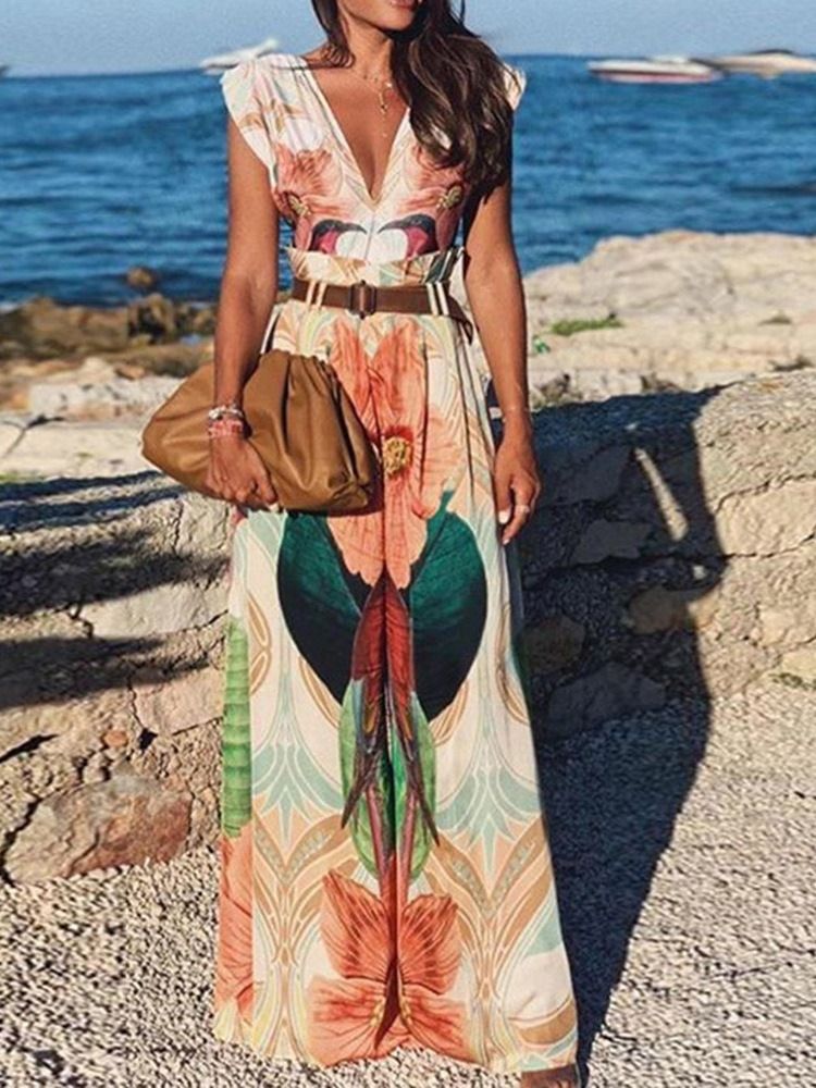 Skriv Ut Hellängd Färgblock Lösa Breda Ben Jumpsuit