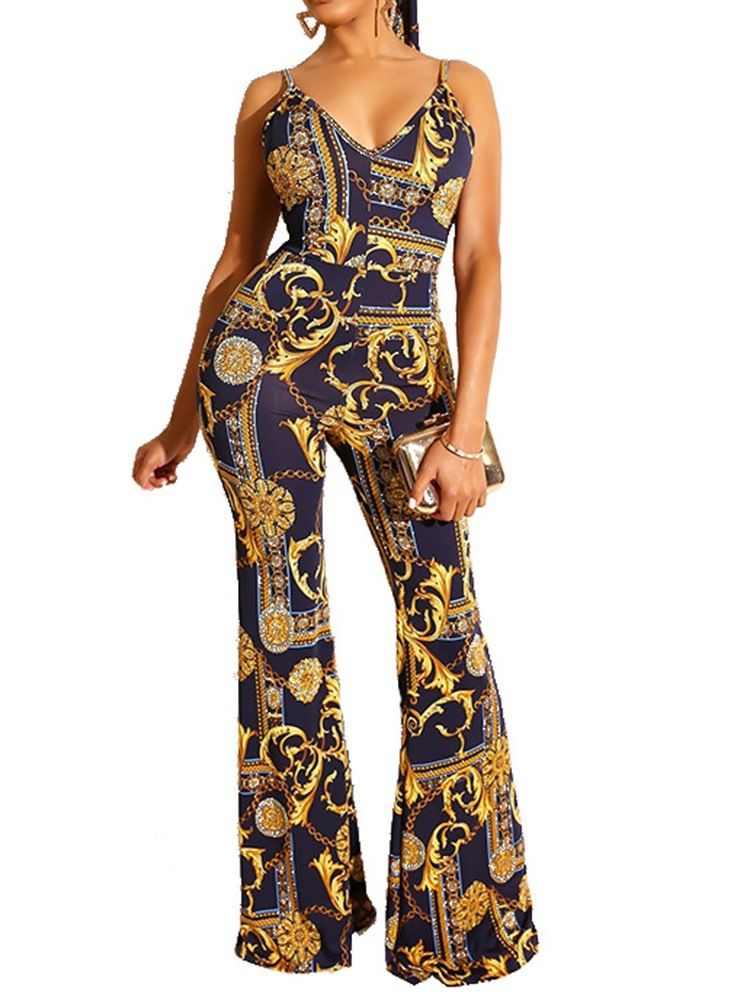 Skriv Ut Sexig Hellängd Slim Mid Waist Jumpsuit